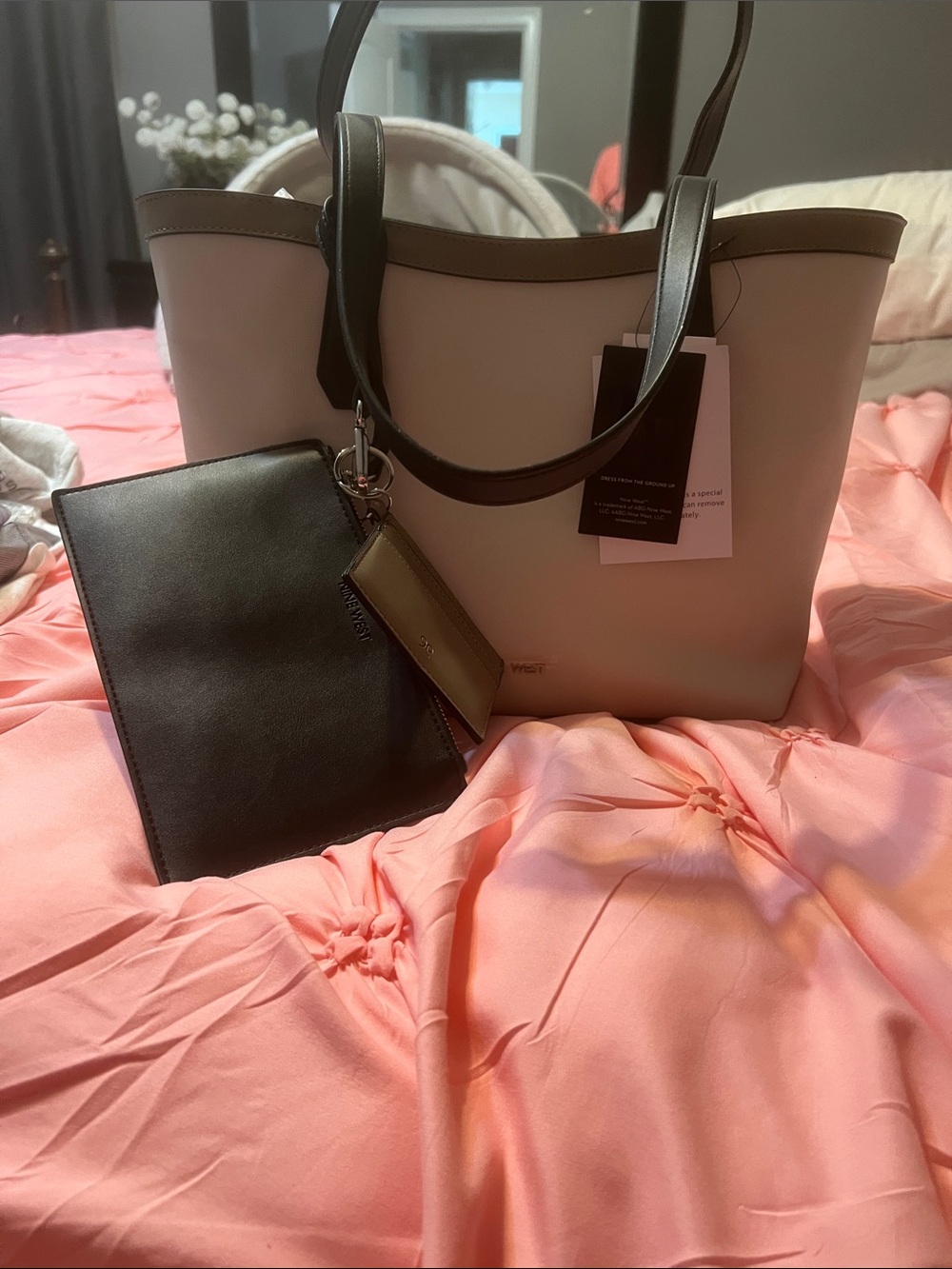 Nine west Beige and black Two-Tone Tote with Detachable Black Pouch